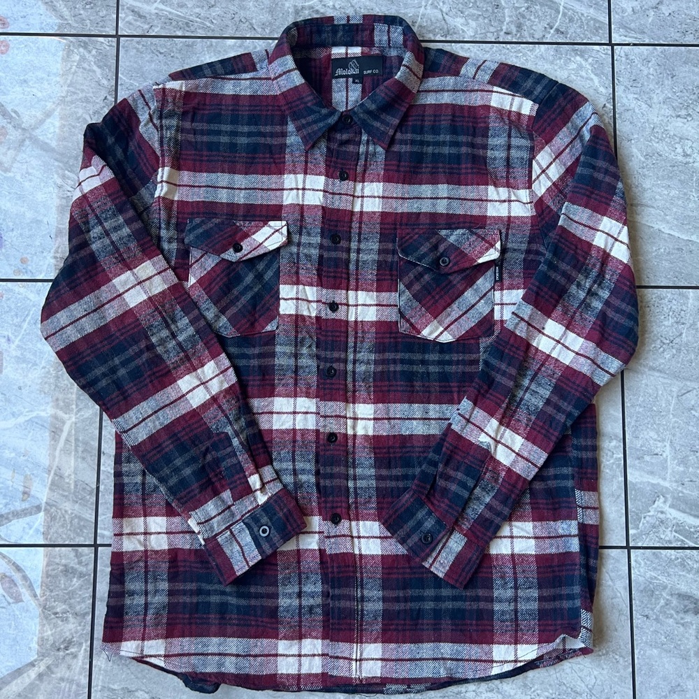 Molokai Surf Co Mens Navy/Red Plaid Long Sleeve Button Up Shirt Cotton Blend XL